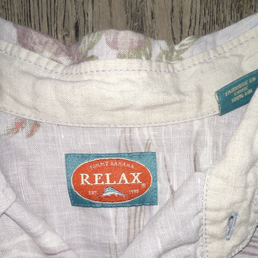 Tommy Bahama Relax Mens L Linen Shirt White Flamingo Tropical Floral Hawaiian - Picture 2 of 5